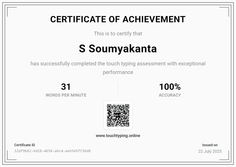 Typing speed certificate from Touch Typing Online, showing words-per-minute and accuracy score, awarded free on completing a typing test